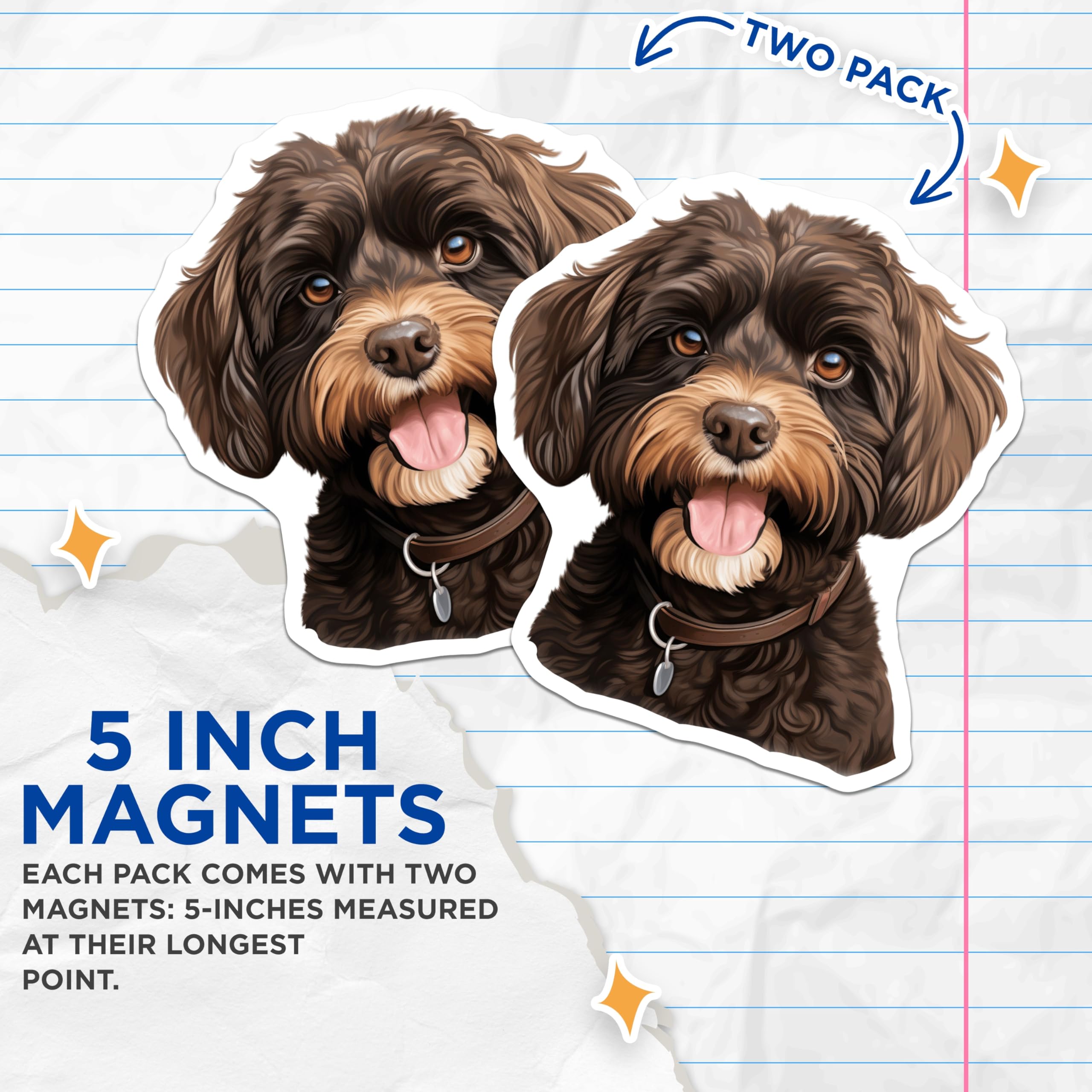 (2 Pack) Fluffy Brown Dog Magnets - Cute Doodle Pet Lover Decor - Dog Mom Fridge Locker Accessories - Animal Art - 5 Inches On Longest Side - Thick Durable Magnet - Made in USA - MAG25573