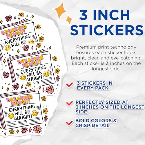 (3 Pack) Breaking News Decals - Everything Will Be Alright - Newspaper Laptop Decals - 3 Inches On Longest Side - Easy Peel & Apply - Made in USA - 3MCS6274