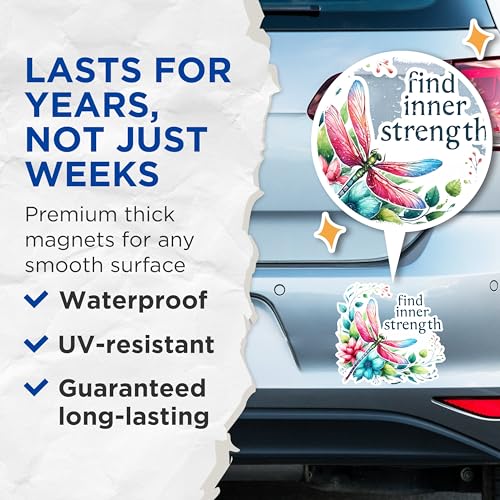 (2 Pack) Find Inner Strength Dragonfly Magnets - Floral Inspirational Magnets - Motivational Quote Decorative Magnets'- 5" On Longest Side - for Fridges, Toolboxes, Cars - Made in USA - MAG2695