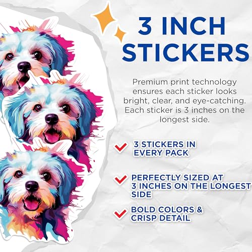 (3 Pack) Colorful Dog Decals - Cute Puppy Art - Laptop Decal - 3 Inches On Longest Side - Easy Peel & Apply - Made in USA - 3MCS0773