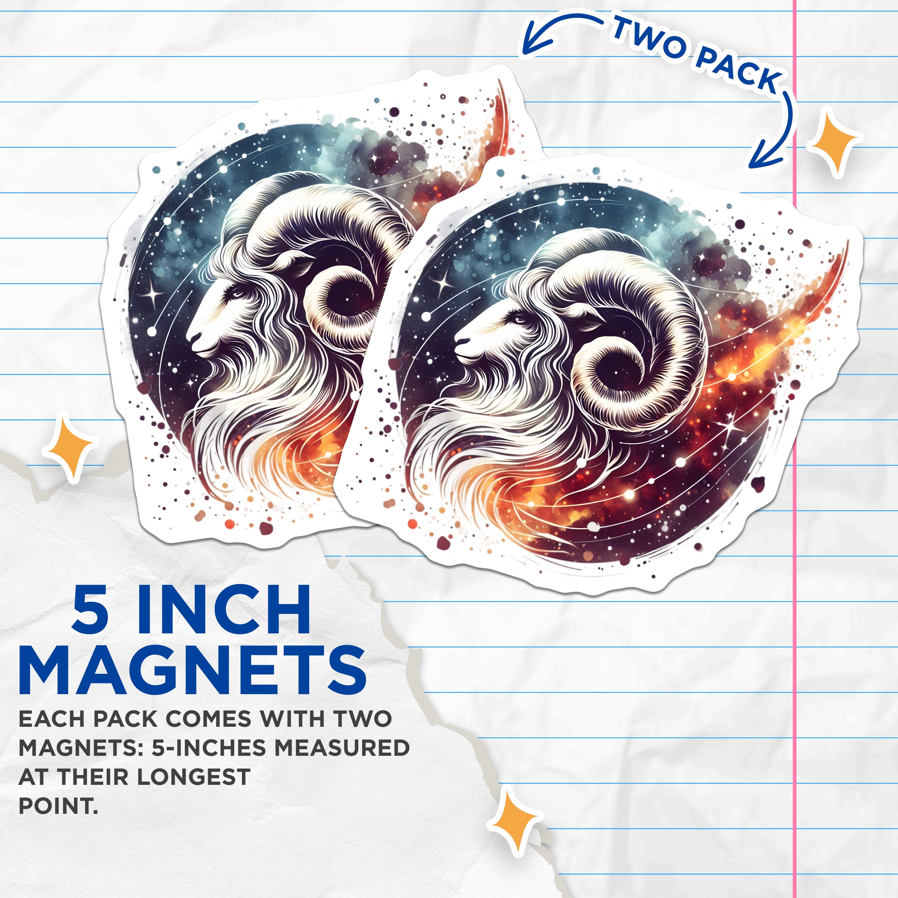 (2 Pack) Aries Zodiac Magnets - Astrology Star Sign - Cosmic Ram Art Decor - 5 Inches On Longest Side - Thick Durable Magnet - Made in USA - MAG36843