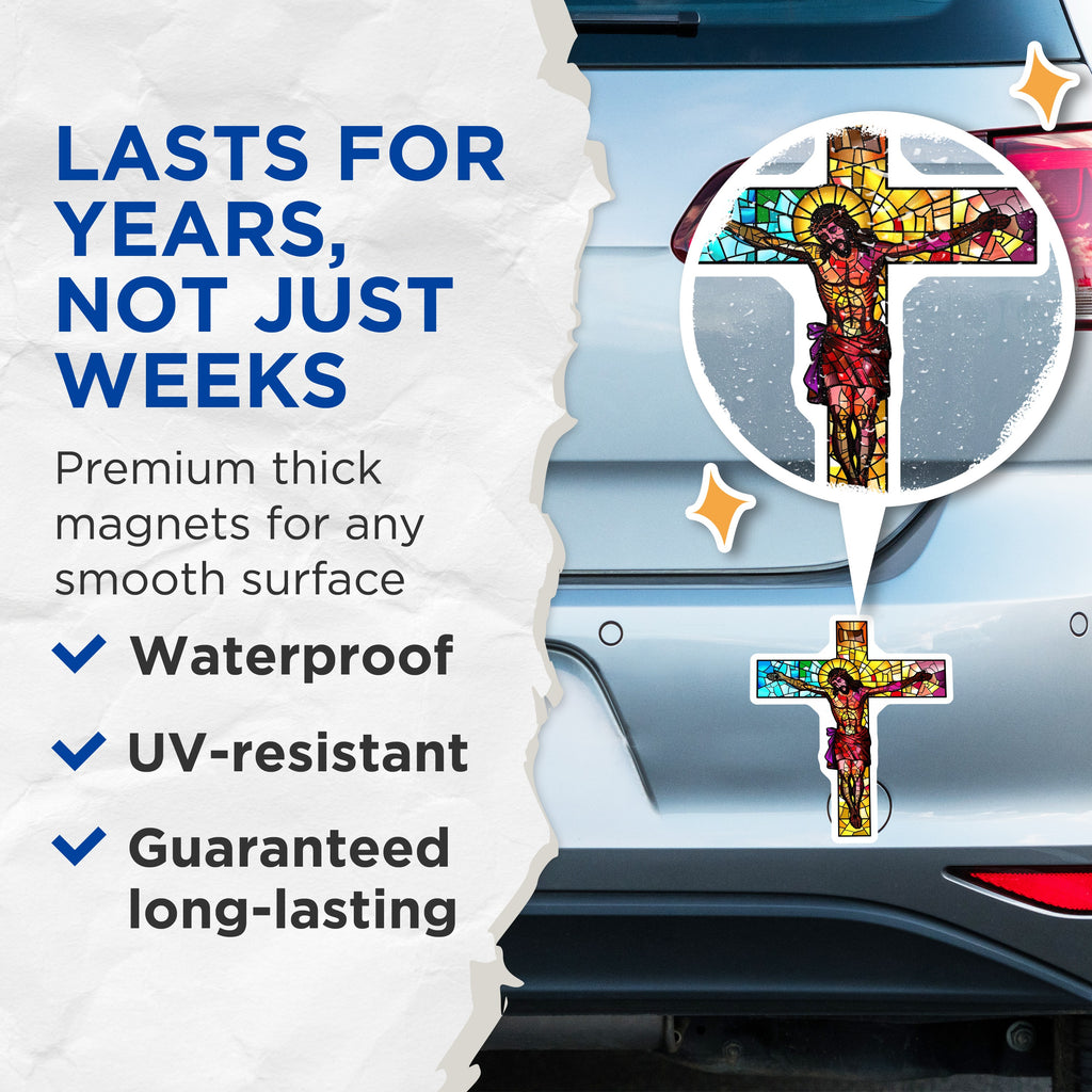 (2 Pack) Stained Glass Jesus Magnets - Crucifixion Religious Decor - Christian Faith Symbol Holy Cross Refrigerator - 5 Inches On Longest Side - Thick Durable Magnet - Made in USA - MAG39214