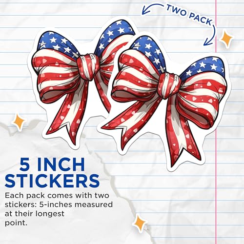 (2 Pack) American Flag Bow Stickers - Patriotic Decal - USA Decor - 5" On Longest Side - Sticks to Smooth Flat Surfaces - Made in USA - BMCS5989