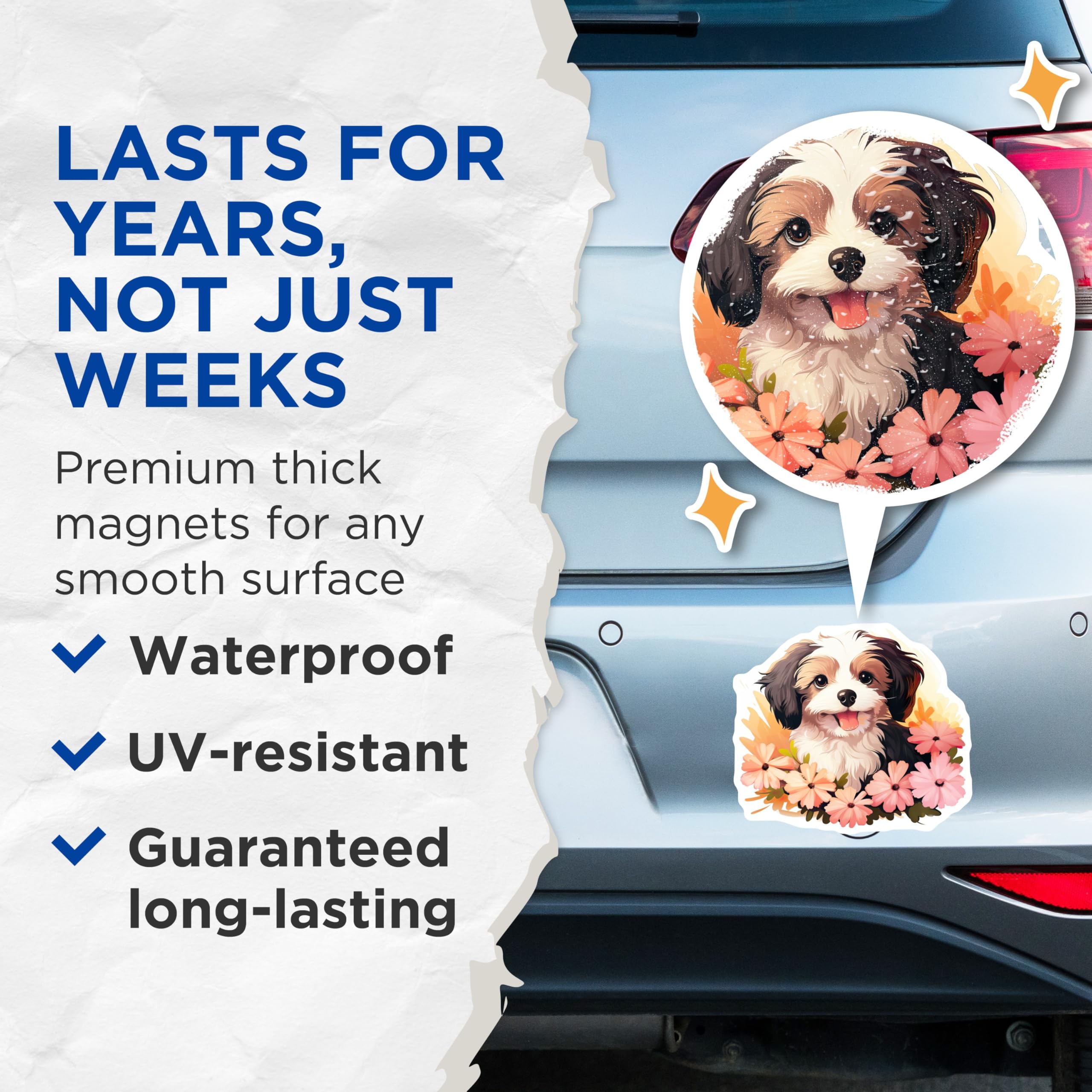 (2 Pack) Happy Puppy Magnets - Floral Dog Art - Cute Pet Lover Decor - Animal Friends Collection - Refrigerator Charm - 5 Inches On Longest Side - Thick Durable Magnet - Made in USA - MAG24490