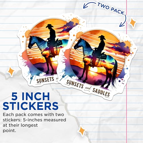(2 Pack) Western Cowboy Stickers - Sunset and Saddles - Adventure Horse Stickers - 5" On Longest Side - Sticks to Smooth Flat Surfaces - Made in USA - BMCS7125