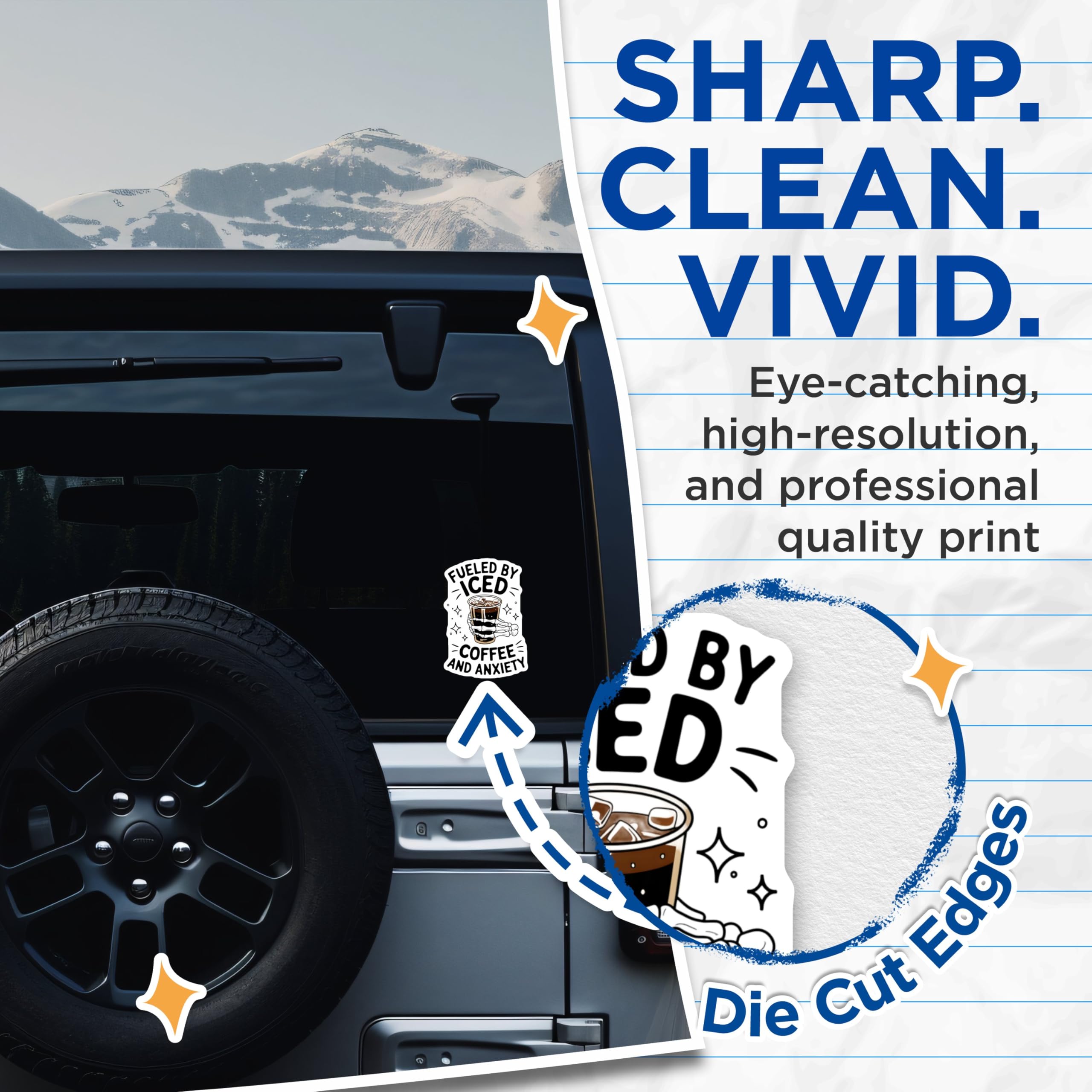 (2 Pack) Fueled by Iced Coffee Stickers - Funny Skeleton Stickers - Anxiety Relief Sticker Pack - 5" On Longest Side - Sticks to Smooth Flat Surfaces - Made in USA - BMCS3629