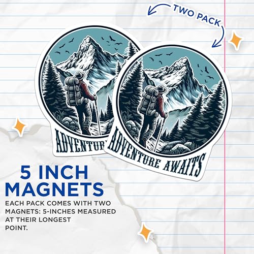 (2 Pack) Adventure Awaits Magnets - Hiking Mountain Magnets - Outdoorsy Magnets - 5" On Longest Side - for Cars, Refrigerators, Toolboxes, Lockers - Made in USA BMCS3264
