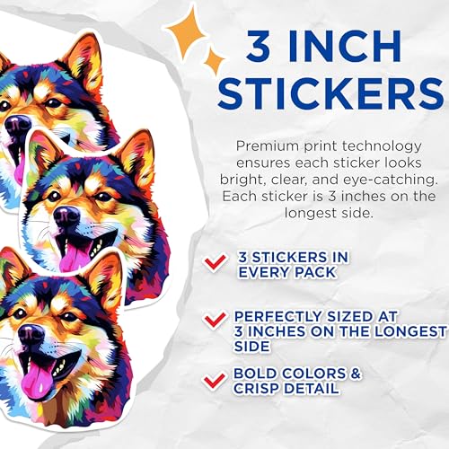(3 Pack) Shiba Inu Decals - Colorful Dog Decal - Laptop Decal - 3 Inches On Longest Side - Easy Peel & Apply - Made in USA - 3MCS0821