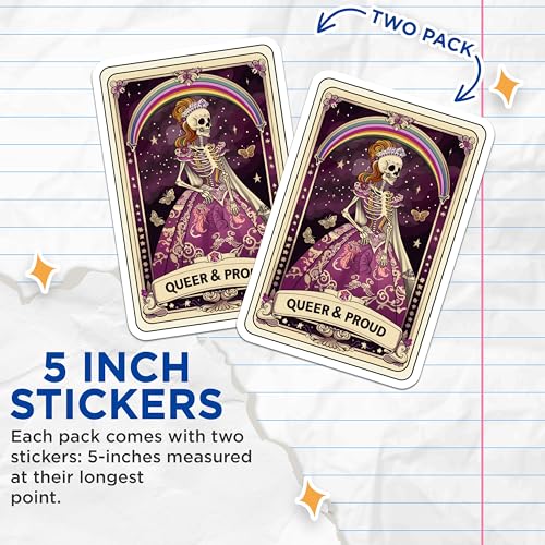 (2 Pack) Queer and Proud Stickers - LGBTQ+ Skeleton Princess Stickers - Rainbow Pride Stickers - 5" On Longest Side - Sticks to Smooth Flat Surfaces - Made in USA - BMCS4256