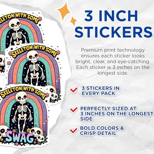 (3 Pack) Swag Skeleton Decals - Heart Eyes Skulls - Rainbow Decor Stickers - 3 Inches On Longest Side - Easy Peel & Apply - Made in USA - 3MCS4030