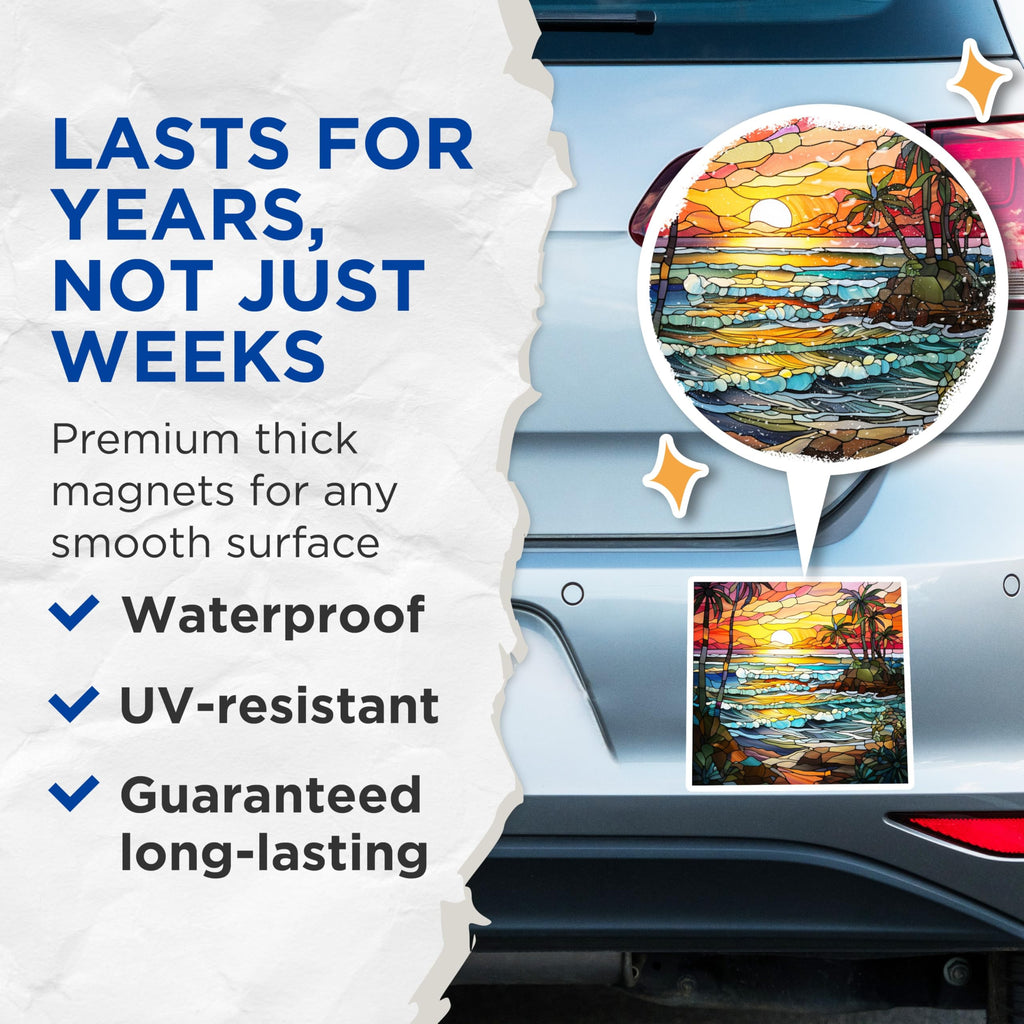(2 Pack) Stained Glass Ocean Magnets - Tropical Sunset Coastal Decor - Beach Scene Fridge Magnets - 5 Inches On Longest Side - Thick Durable Magnet - Made in USA - MAG28800