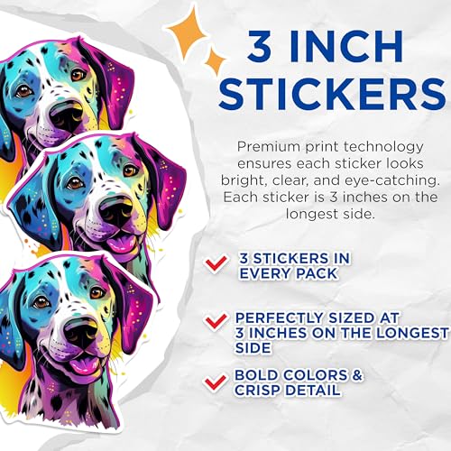 (3 Pack) Dalmatian Dog Decals - Colorful Puppy Stickers - Laptop Decal - 3 Inches On Longest Side - Easy Peel & Apply - Made in USA - 3MCS0719