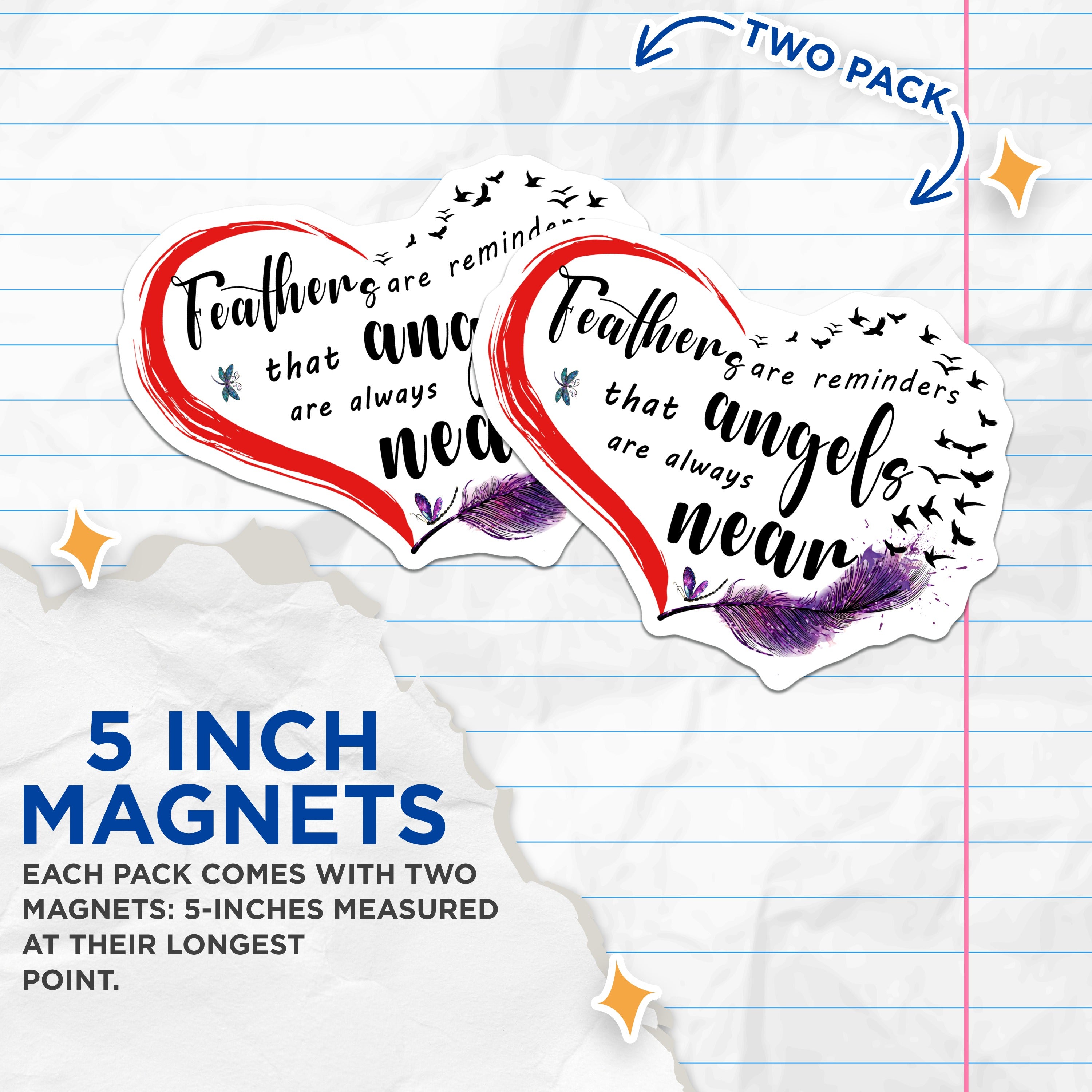 (2 Pack) Angel Feathers Magnets - Memorial Remembrance Decor - Loved One Comfort Support - 5 Inches On Longest Side - Thick Durable Magnet - Made in USA - MAG39837