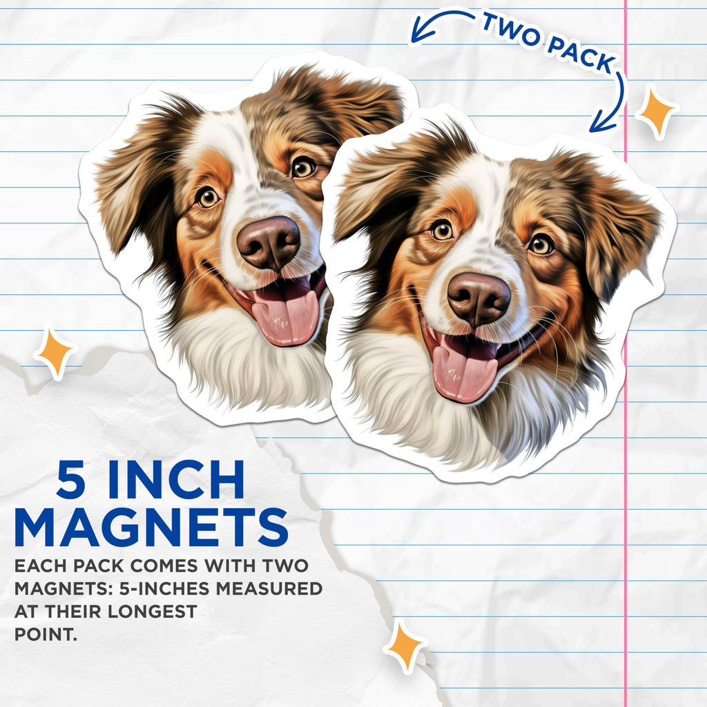 (2 Pack) Happy Australian Shepherd Magnets - Aussie Dog Lover Decor - Pet Owner Refrigerator Magnets - 5 Inches On Longest Side - Thick Durable Magnet - Made in USA - MAG26127