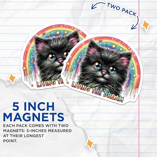 (2 Pack) Cute Cat Magnets - Rainbow Star Design Magnet - Living The Dream Magnet - 5" On Longest Side - for Cars, Fridges, Toolboxes - Made in USA - MAG4593