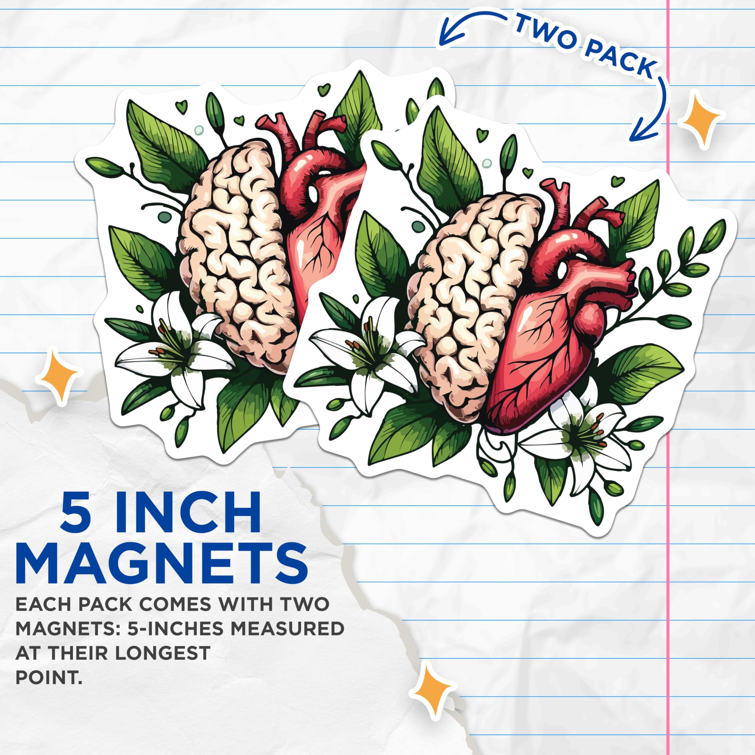 (2 Pack) Brain Heart Lilies Magnets - Anatomical Floral Art Design - Mind Body Balance Symbol - Medical Science Art Decor - 5 Inches On Longest Side - Thick Durable Magnet - Made in USA - MAG20103