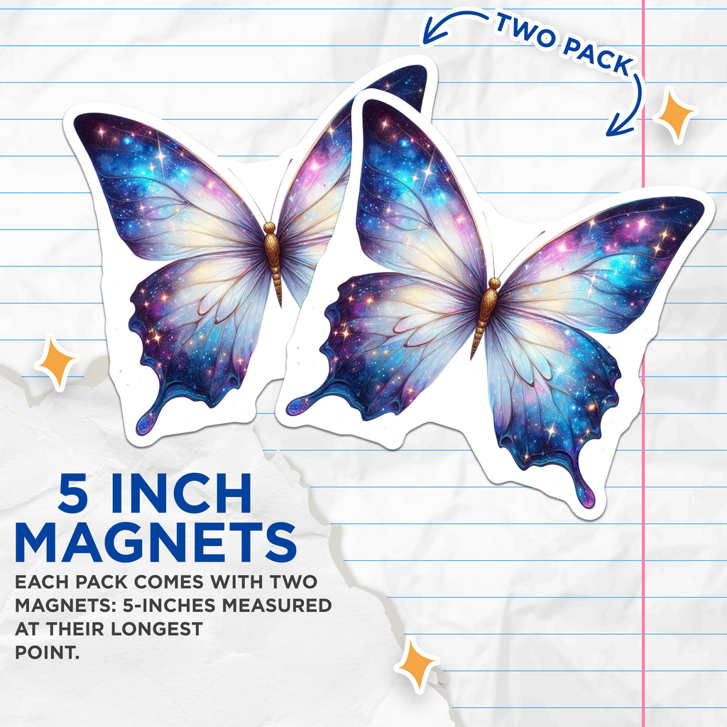 (2 Pack) Galaxy Butterfly Magnets - Celestial Space Decor - Whimsical Fridge Art - 5 Inches On Longest Side - Thick Durable Magnet - Made in USA - MAG38845