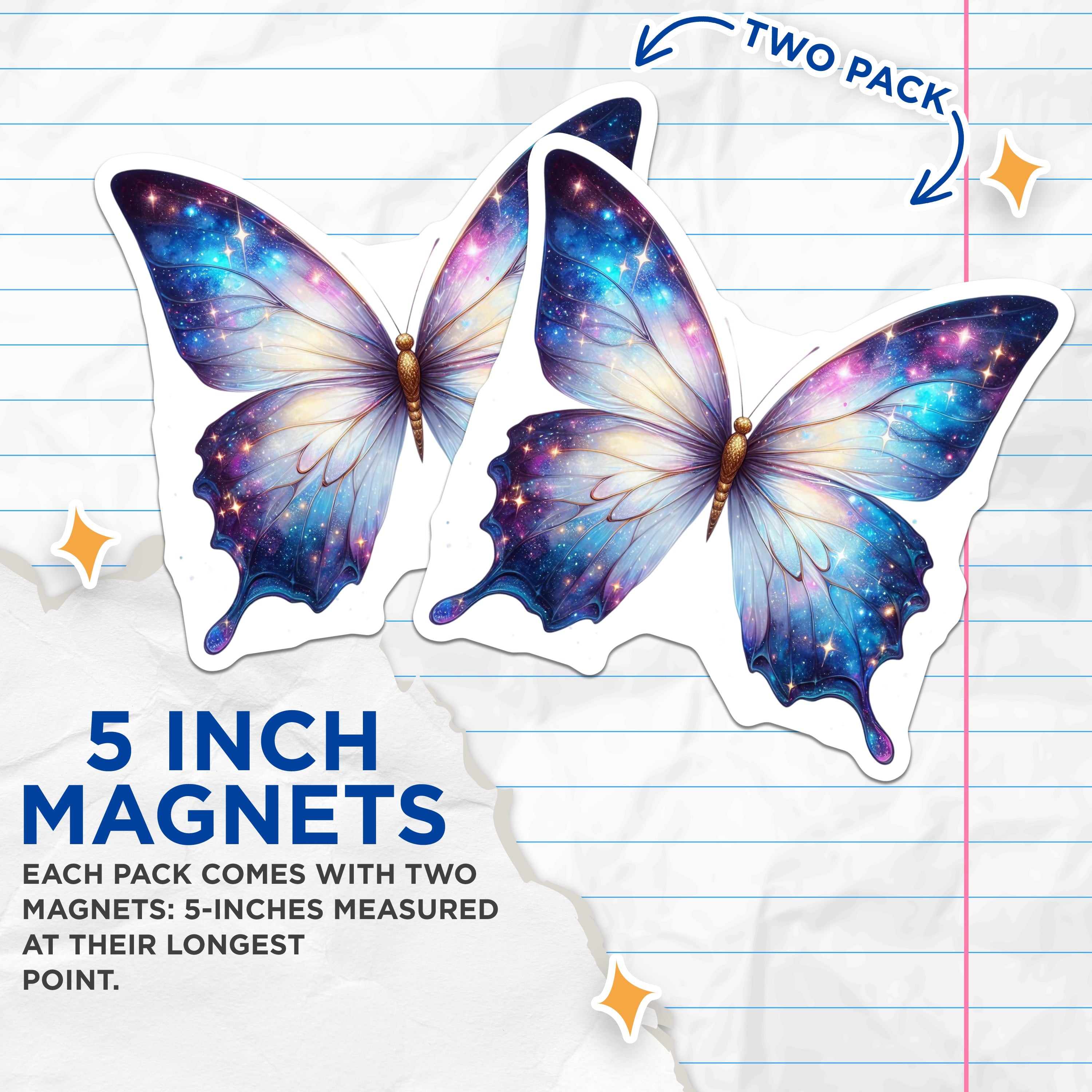 (2 Pack) Galaxy Butterfly Magnets - Celestial Space Decor - Whimsical Fridge Art - 5 Inches On Longest Side - Thick Durable Magnet - Made in USA - MAG38845