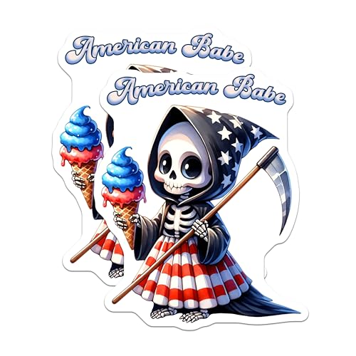(2 Pack) Cute Skeleton Stickers - Ice Cream Reaper - Patriotic Skeleton - Halloween Decor - Fun Grim Reaper - 5" On Longest Side - Sticks to Smooth Flat Surfaces - Made in USA - BMCS7914