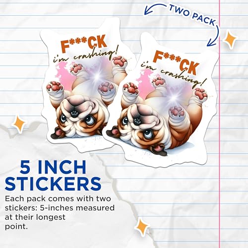(2 Pack) Funny Bulldog Stickers - I'm Crashing Sticker Pack - Cute Dog Stickers - Humor - Dog Lover - 5" On Longest Side - Sticks to Smooth Flat Surfaces - Made in USA - BMCS5879