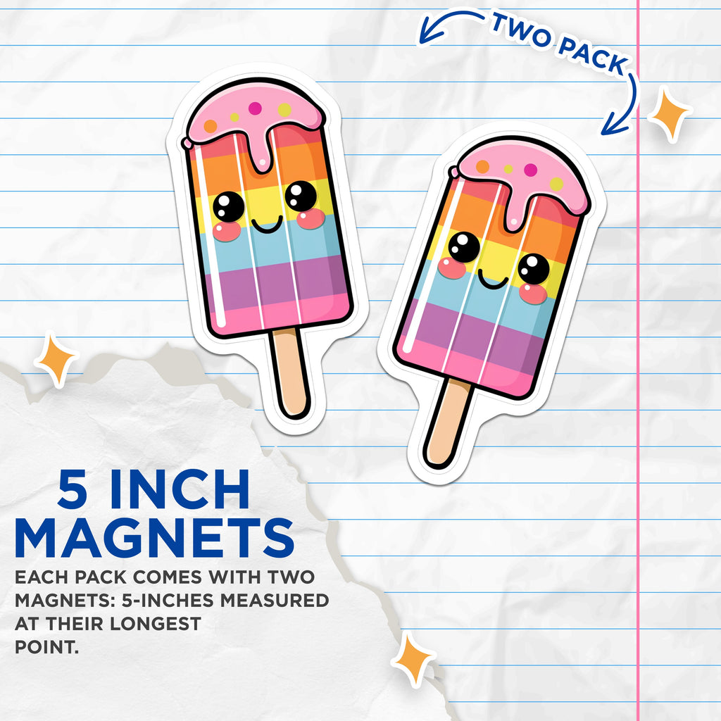 (2 Pack) Kawaii Popsicle Magnets - Rainbow Ice Pop Kitchen Decor - Cute Sweet Treat Aesthetic Locker Accent - 5 Inches On Longest Side - Thick Durable Magnet - Made in USA - MAG36268