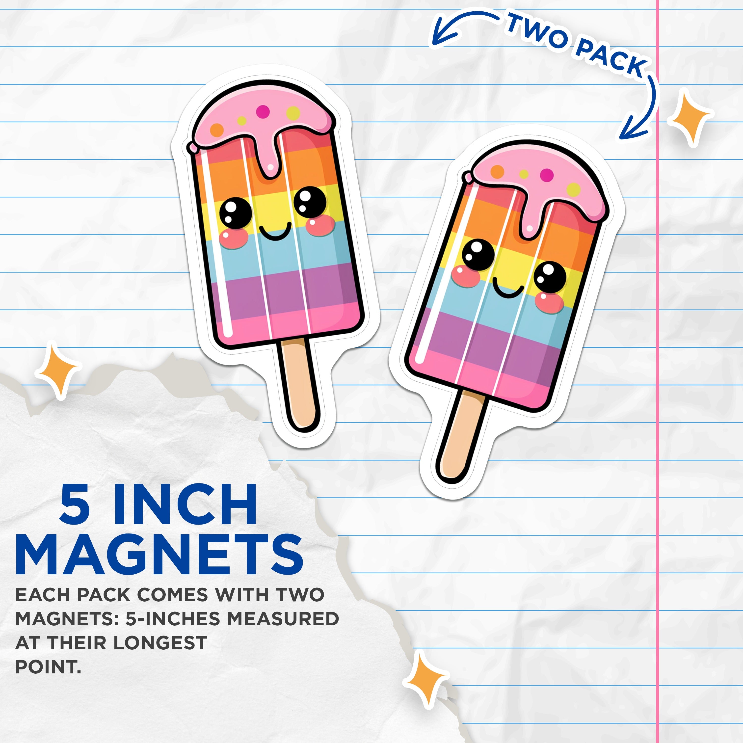(2 Pack) Kawaii Popsicle Magnets - Rainbow Ice Pop Kitchen Decor - Cute Sweet Treat Aesthetic Locker Accent - 5 Inches On Longest Side - Thick Durable Magnet - Made in USA - MAG36268