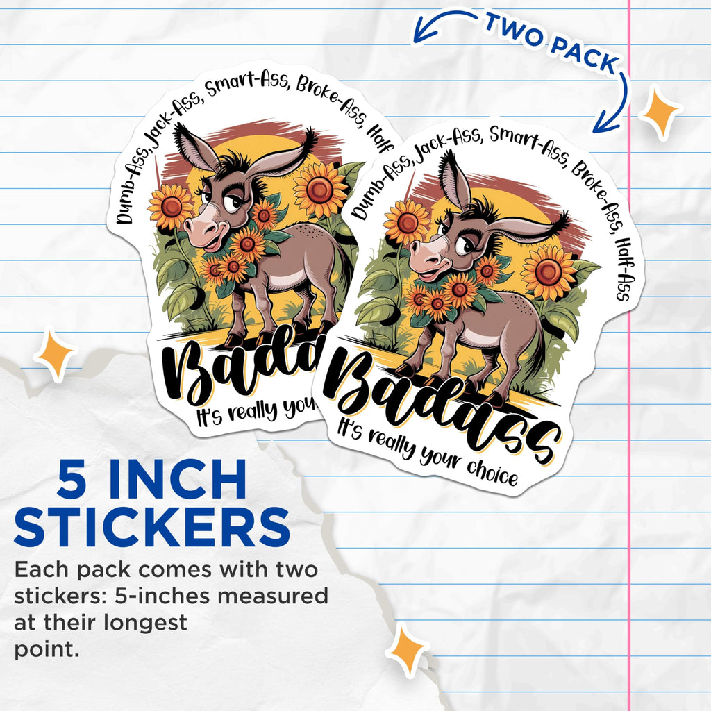 Bliss Monkey Co. (2 Pack) Funny Donkey Stickers - Multicolor - Vinyl - Cartoon Style - Rectangular - Outdoor Use - 5" On Longest Side - Sticks to Metal, Plastic, Glass - Made in USA