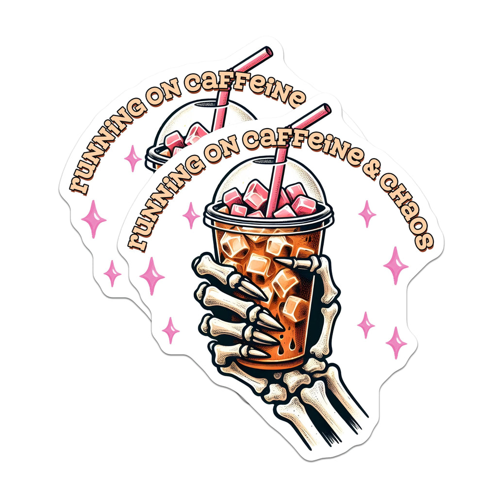 (2 Pack) Running On Caffeine And Chaos Magnets - Funny Skeleton Design - Iced Coffee Lovers - Cute Skeleton Decor - Coffee Enthusiasts - 5" On Longest Side - for Cars, Fridges, Toolboxes - Made in USA