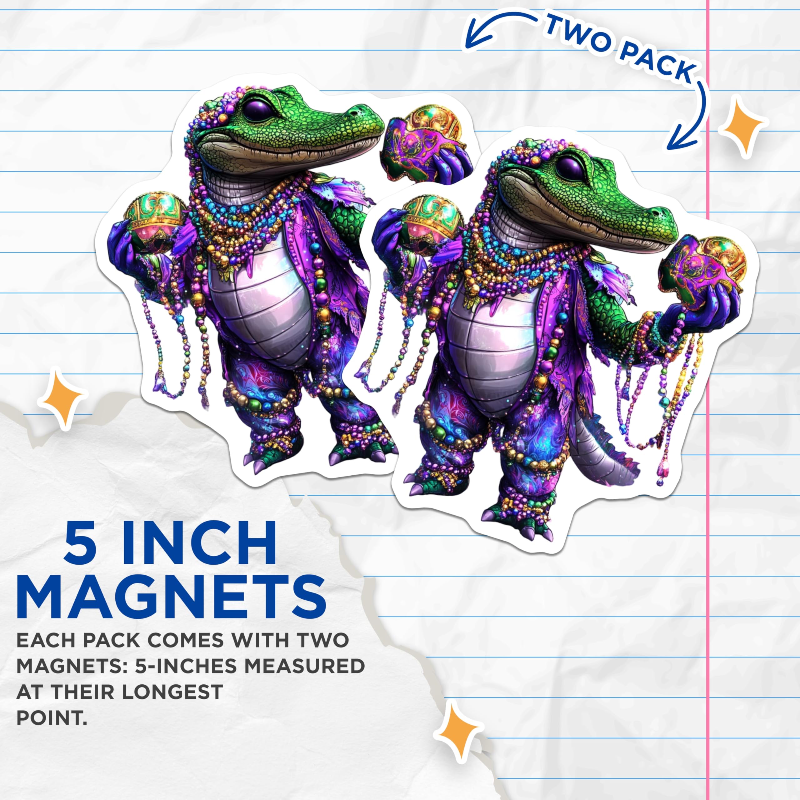 (2 Pack) Mardi Gras Alligator Magnets - New Orleans Decor - Gator Fridge Magnets - 5" On Longest Side - Premium Magnet - for Cars, Refrigerators, Toolboxes, Lockers - Made in USA - MAG14536
