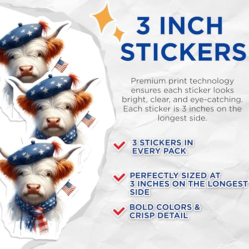 (3 Pack) Patriotic Highland Cow Decals - American Flag - Highland Cattle - Laptop Decal- 3 Inches On Longest Side - Easy Peel & Apply - Made in USA - 3MCS5107