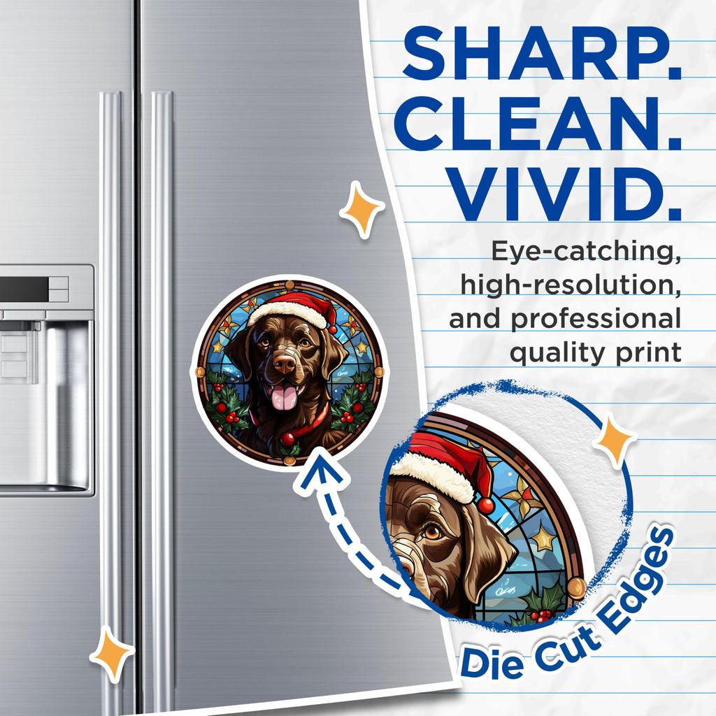 (2 Pack) Christmas Chocolate Lab Magnets - Stained Glass Labrador Art - Festive Dog Refrigerator Decor - 5 Inches On Longest Side - Thick Durable Magnet - Made in USA - MAG24979