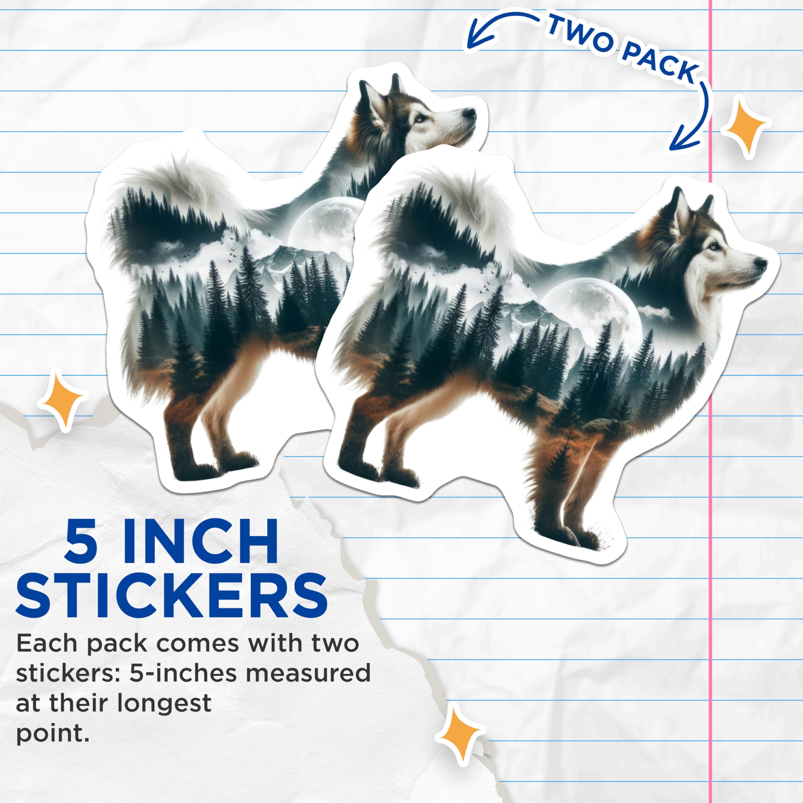 (2 Pack) Malamute Stickers - Wolf Dog Stickers - Mountain Forest Stickers - 5" On Longest Side - Sticks to Smooth Flat Surfaces - Made in USA - BMCS15890
