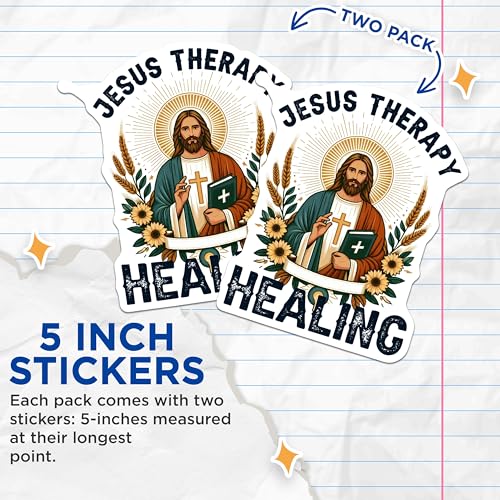 (2 Pack) Jesus Therapy Healing Stickers - Religious Stickers - Faith Stickers - 5" On Longest Side - Sticks to Smooth Flat Surfaces - Made in USA - BMCS4313