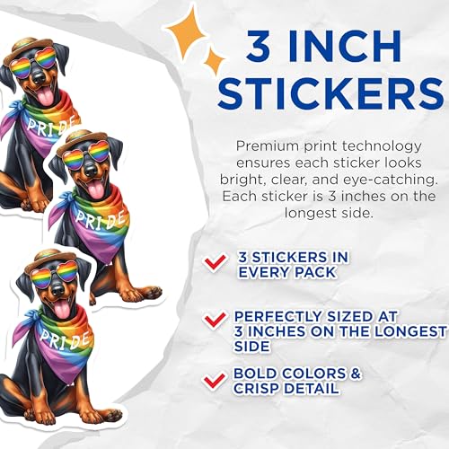 (3 Pack) Pride Doberman Decals - Rainbow Dog - Laptop Decal- 3 Inches On Longest Side - Easy Peel & Apply - Made in USA - 3MCS5876