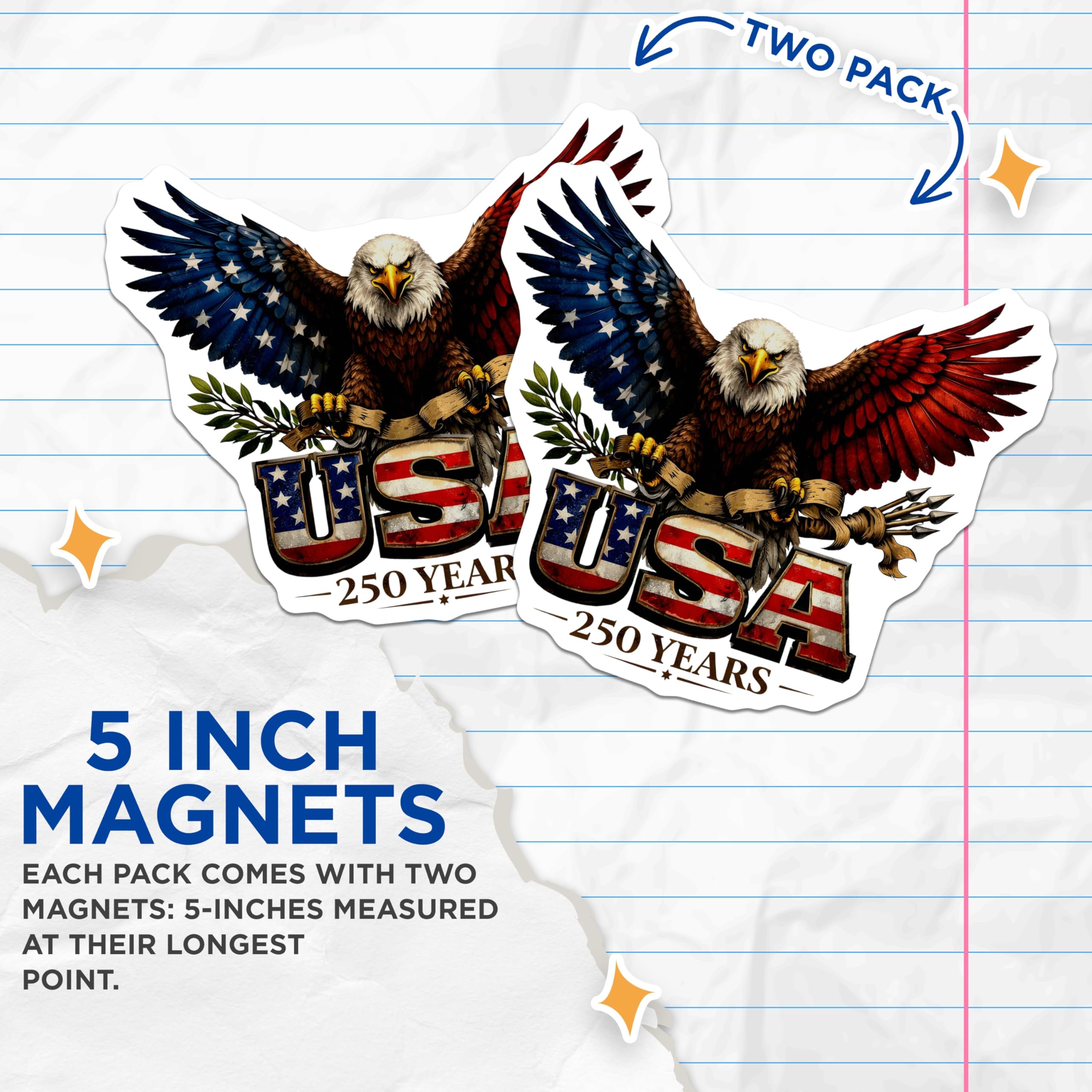 (2 Pack) USA Eagle Magnets - Patriotic Flag Decor - 250 Years Commemorative Item - 5 Inches On Longest Side - Thick Durable Magnet - Made in USA - MAG26304