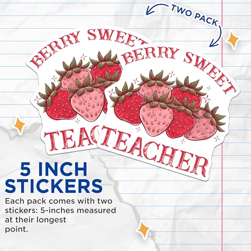 (2 Pack) Strawberry Teacher Stickers - Berry Sweet - Teacher Appreciation - 5" On Longest Side - Sticks to Smooth Flat Surfaces - Made in USA - BMCS7659