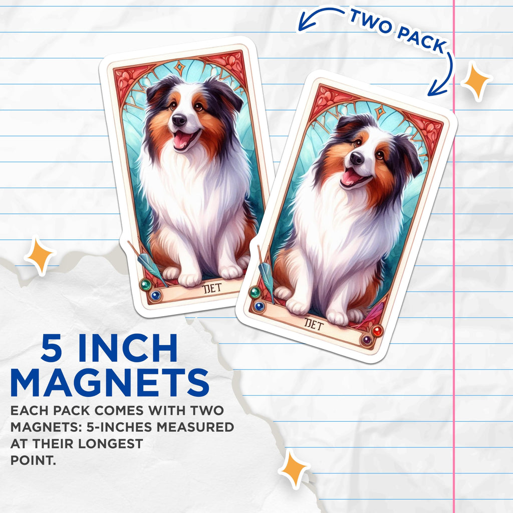 (2 Pack) Australian Shepherd Magnets - Cheerful Aussie Dog Lover Home Decor - Whimsical Stained Glass Inspired Pet Art - 5 Inches On Longest Side - Thick Durable Magnet - Made in USA - MAG21448