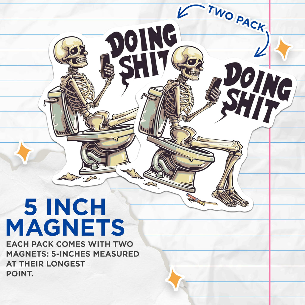 (2 Pack) Funny Skeleton Magnets - Unique Bathroom Decor Magnets - Skeleton on Toilet Humorous Magnets - 5" On Longest Side - for Cars, Refrigerators, Toolboxes, Lockers - Made in USA BMCS3405