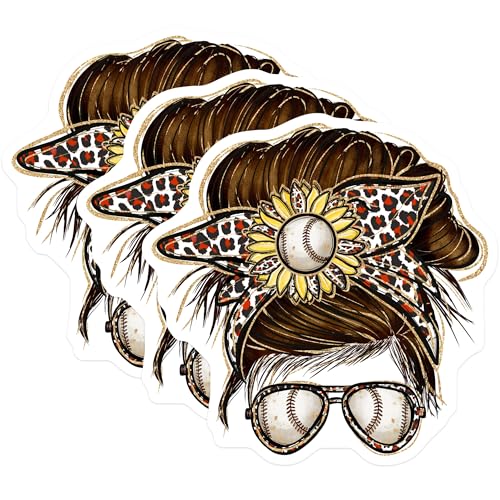 (3 Pack) Messy Bun Baseball Decals - Leopard Bandana Sunflower - Laptop Decals - 3 Inches On Longest Side - Easy Peel & Apply - Made in USA - 3MCS4963