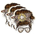 (3 Pack) Messy Bun Baseball Decals - Leopard Bandana Sunflower - Laptop Decals - 3 Inches On Longest Side - Easy Peel & Apply - Made in USA - 3MCS4963