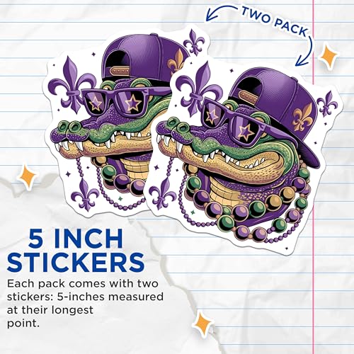 (2 Pack) Alligator Cool Sunglass Stickers - Mardi Gras Celebration - Fun Reptile Stickers - 5" On Longest Side - Sticks to Smooth Flat Surfaces - Made in USA - BMCS4135