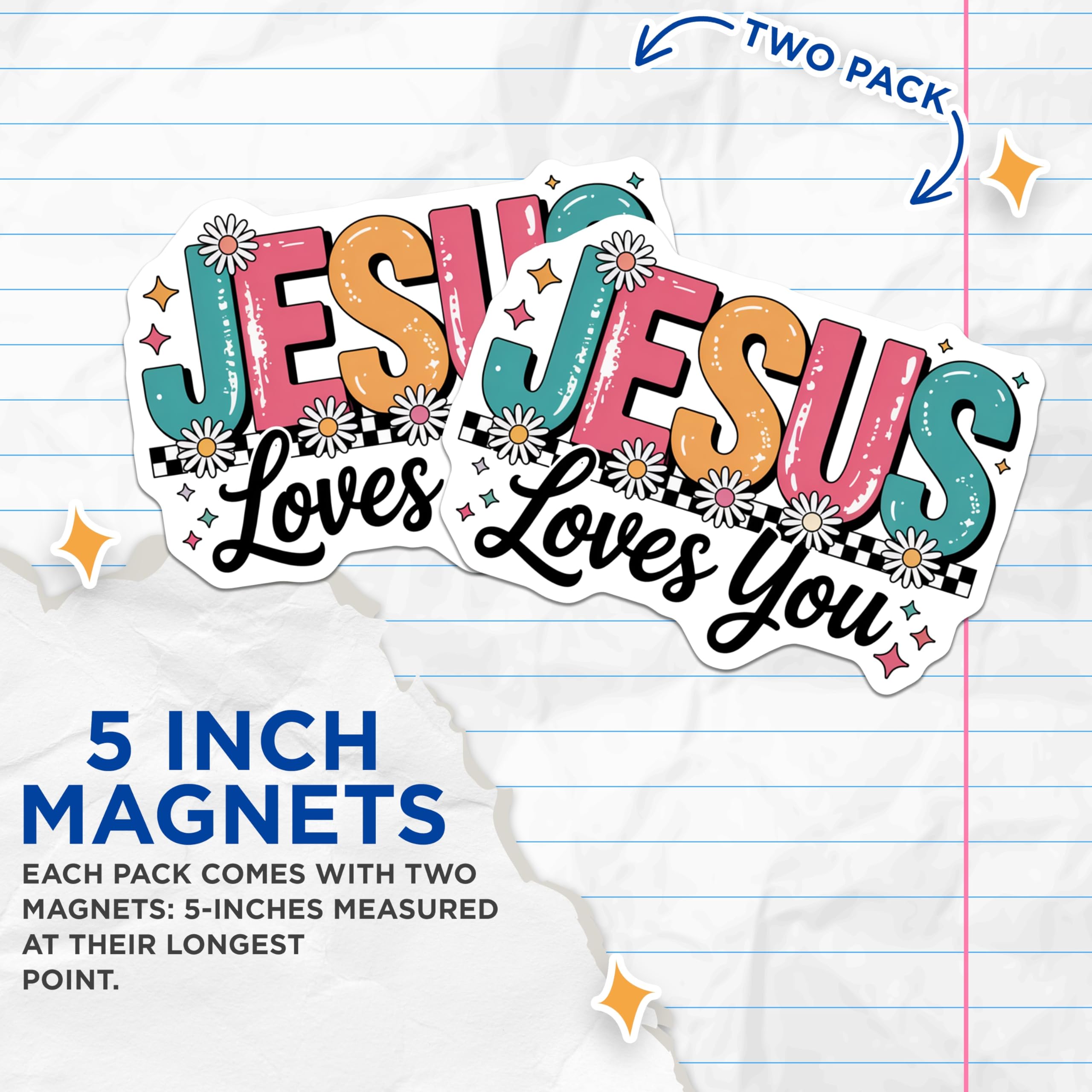 (2 Pack) Jesus Loves You Magnets - Groovy Christian Decor - Retro Faith Affirmation - 5 Inches On Longest Side - Thick Durable Magnet - Made in USA - MAG27359