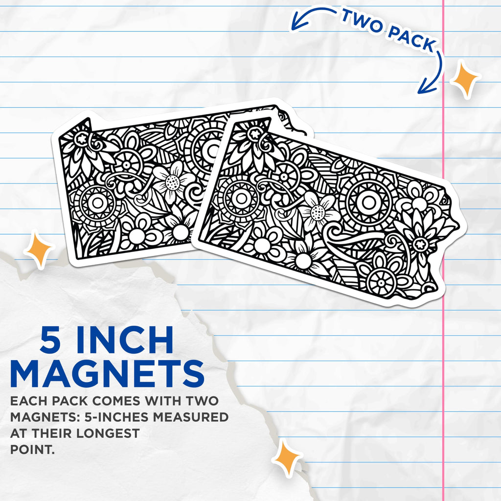 (2 Pack) Pennsylvania State Outline Mandala Magnets - Intricate Floral Zentangle Design - PA Pride Home Office Decor - 5 Inches On Longest Side - Thick Durable Magnet - Made in USA - MAG19120