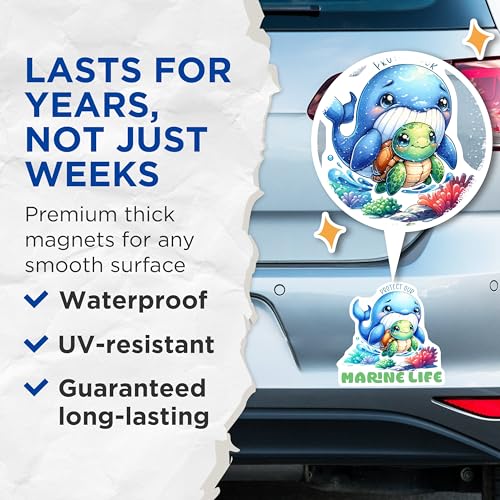(2 Pack) Protect Our Marine Life Magnets - Cute Whale and Turtle - Environmental Awareness - 5" On Longest Side - for Cars, Fridges, Toolboxes - Made in USA - MAG7953