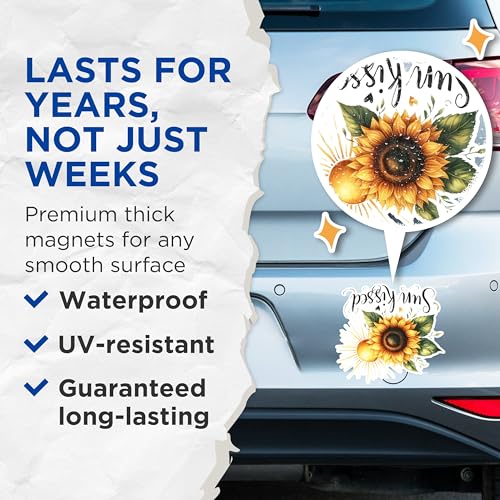 (2 Pack) Sunflower Sun Blessed Magnets - Inspirational Quote Magnets - Rustic Sunflower Art Magnets- 5" On Longest Side - for Fridges, Toolboxes, Cars - Made in USA - MAG2906