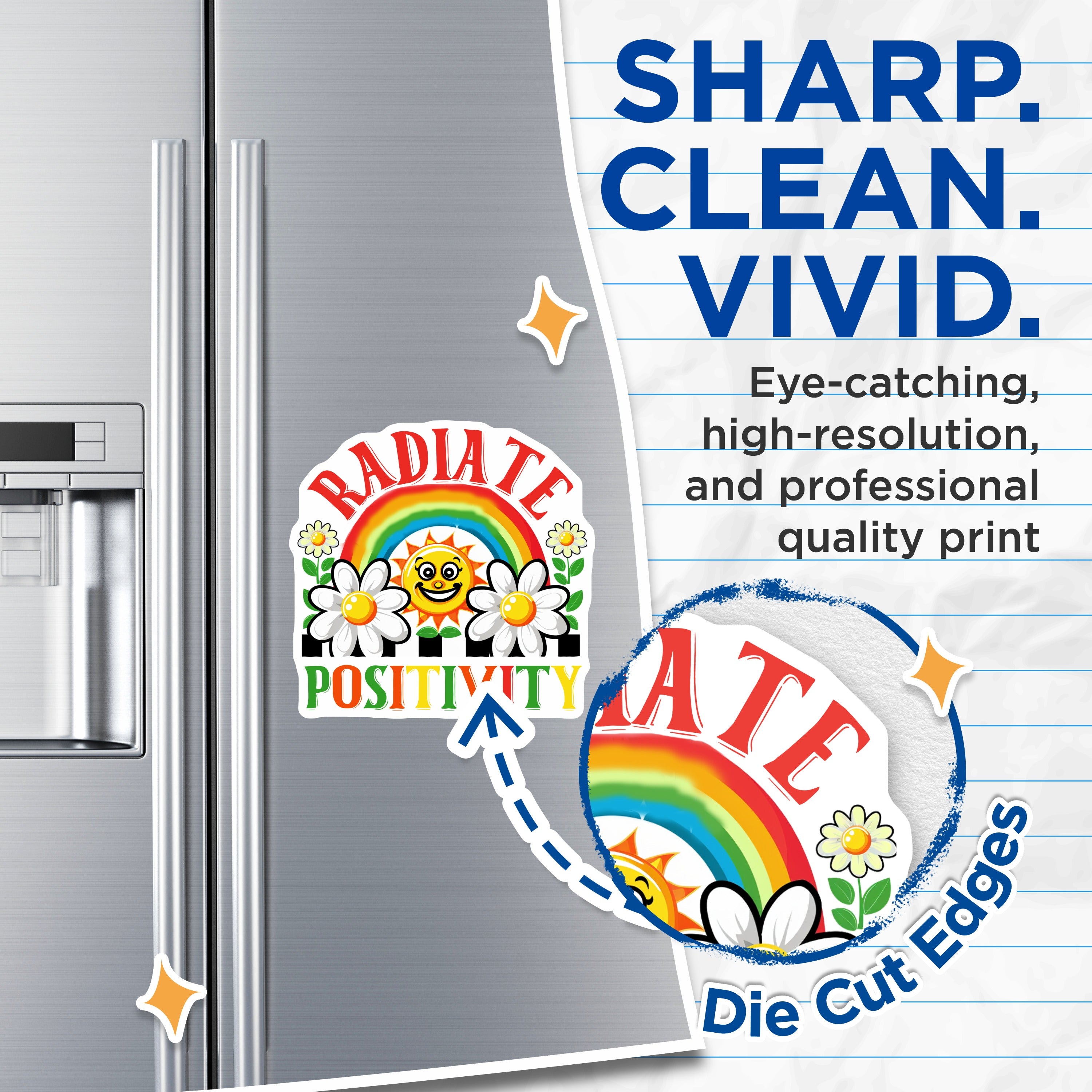 (2 Pack) Radiate Positivity Magnets - Groovy Retro Decor - Happy Sun Rainbow Daisies - Affirmation Message - Good Vibes Fridge Locker Magnet - 5" - Durable Magnet - Made in USA - MAG38716