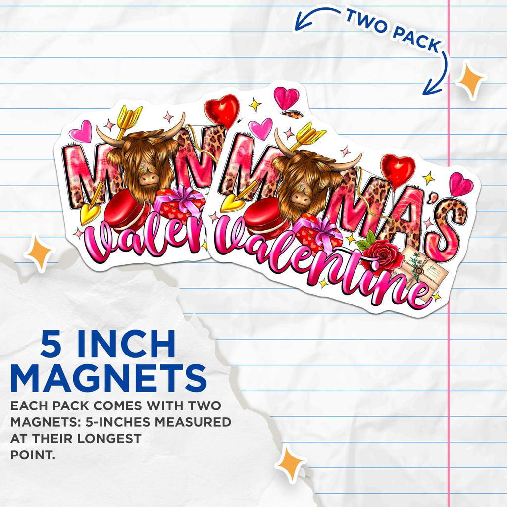 (2 Pack) Mama's Valentine Highland Cow Magnets - Cute Valentine's Day Decor - Romantic Kitchen Decor for Mom - 5 Inches On Longest Side - Thick Durable Magnet - Made in USA - MAG30357
