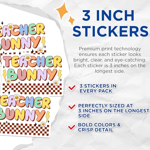 (3 Pack) Teacher Bunny Decals - Retro Teacher Decals - Cute Flower Decal - 3 Inches On Longest Side - Easy Peel & Apply - Made in USA - 3MCS6908