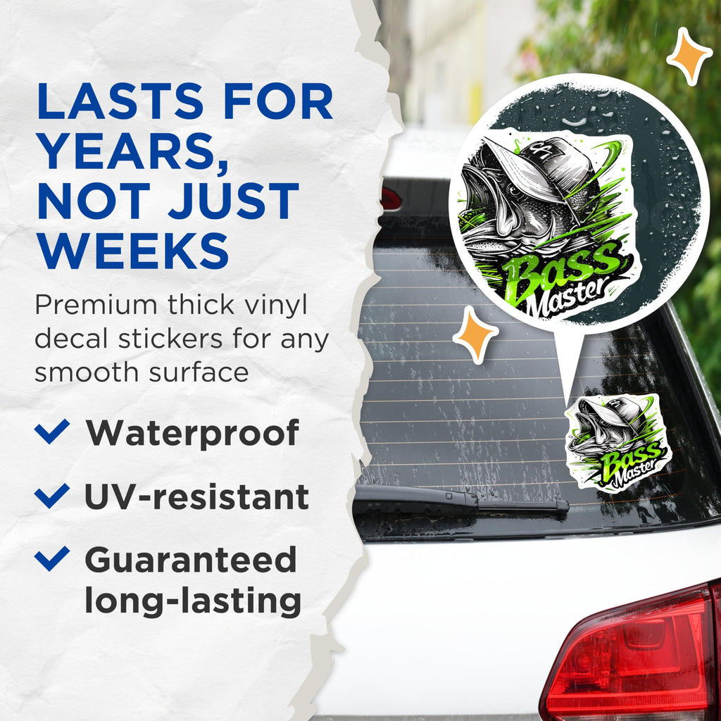 (2 Pack) Bass Master Fishing Stickers - Angler Fish Decal - Fisherman Enthusiast Sticker - 5" On Longest Side - Sticks to Any Smooth Flat Surface - Made in USA - BMCS3357