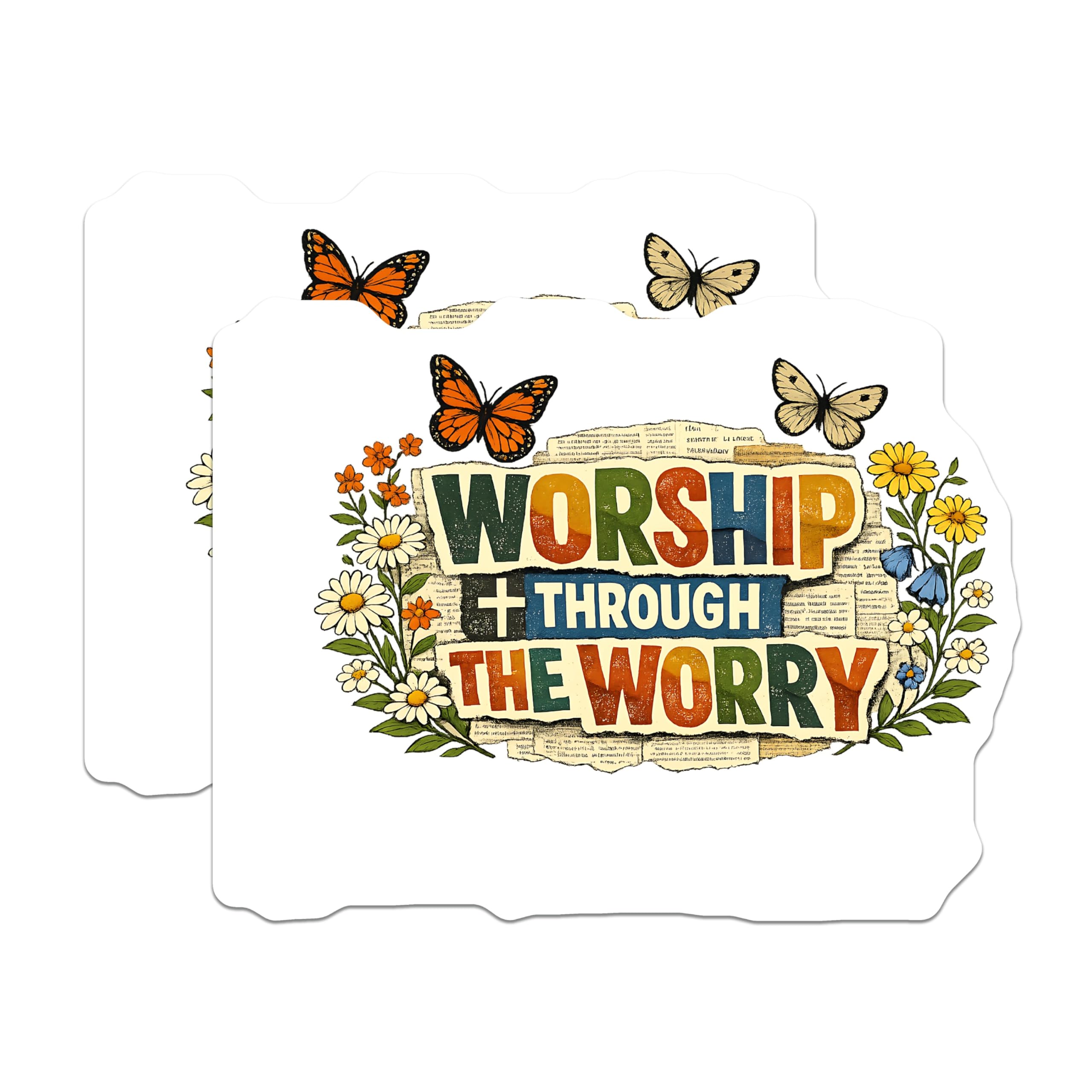 (2 Pack) Worship Through Worry Magnets - Christian Faith Inspiration - Butterfly Flower Decor - 5 Inches On Longest Side - Thick Durable Magnet - Made in USA - MAG21704